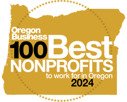 A gold circle with the words " oregon business 100 best nonprofits to work for in oregon 2024 ".